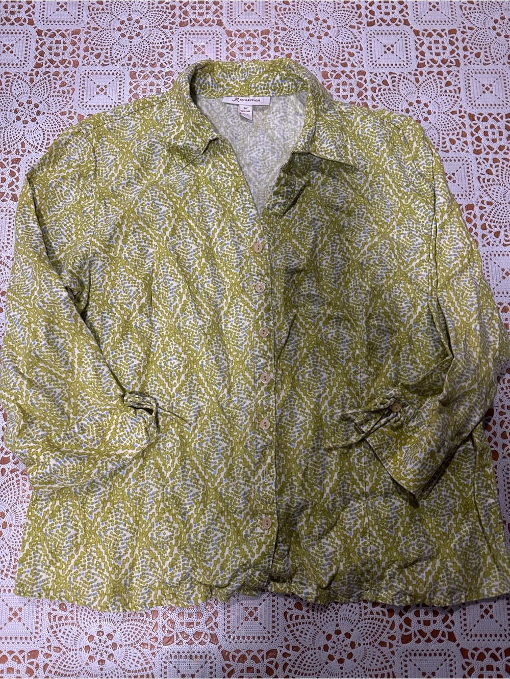 JM Collection Size 14 100% Linen Green Abstract Print Button Front Blouse